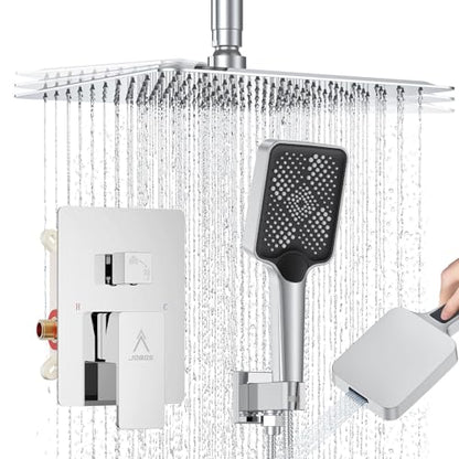 Shower System Modern Rain 8 inches Brass Faucet Set With Valve and Diverter Shower Mixer With Handheld High Pressure Square Rainfall Shower Valve (12'' Ceiling Mount, Chrome Polished) - color: Chrome Polished, style: 12'' Ceiling Mount