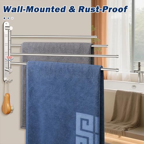 NearMoon Swivel Towel Rack, 19.5" Thicken 304 Stainless Steel 4-Arm Towel Bar, Space Saving Wall Mounted Towel Holder with Hook, Rustproof Swing Out Towel Hanger for Bathroom, Kitchen (Matte Black) - color: Matte Black, size: 19.5 Inch