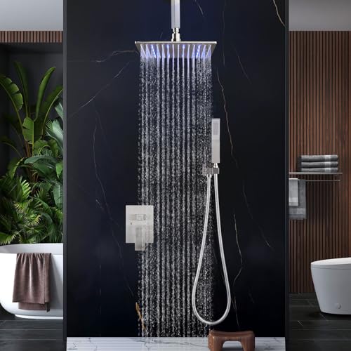 Aolemi Ceiling Shower Faucet Set with Handheld 12" LED Head Brushed Nickel | Handheld Spray,12 Inch Rain LED Head,Shower Valve and Trim Kit,All Metal,Ceiling System,Bathroom Mixer - color: Nickel, size: 12 Inch LED Shower Head