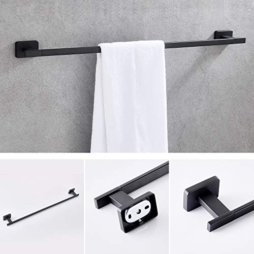 4 Piece Bathroom Hardware Accessories Set,Matt Black Stainless Steel Towel Bar Sets Wall Mounted - Includes 16" Towel Bar, Square Towel Ring, Toilet Paper Holder, Robe Towel Hook - color: Black, size: 16 inches