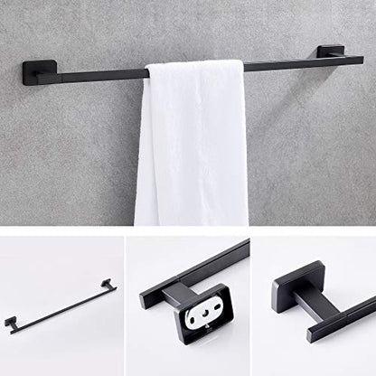 4 Piece Bathroom Hardware Accessories Set,Matt Black Stainless Steel Towel Bar Sets Wall Mounted - Includes 18" Towel Bar, Square Towel Ring, Toilet Paper Holder, Robe Towel Hook - color: Black, size: 18 inches