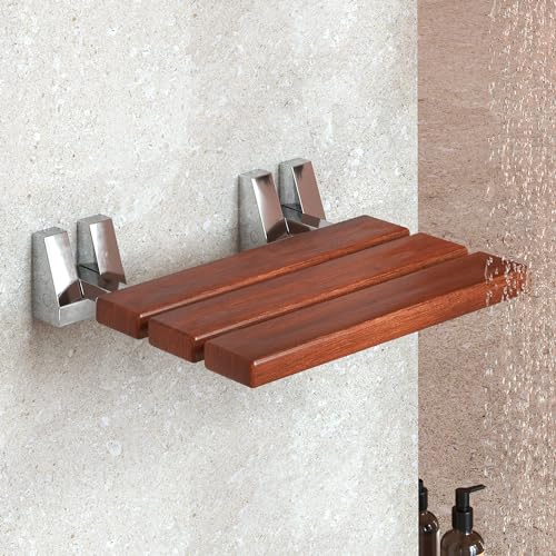 Folding Shower Seat - Wall Mounted - 16 Inch - Fold Down - Teak | Floating In Shower Bench - Fold Up Bathroom Stool - Foldable Teak Wood Chair with Stainless Steel Wall Mount - 330lb Capacity