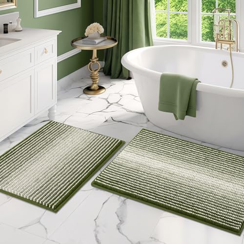 Bathroom Rugs and Mats Sets, 2 Piece Thick Absorbent Chenille Bath Mat Rug Set Non Slip, Soft Shaggy Bath Room Floor Mats for Bathroom, Machine Washable (Sage, 20" x 32" Plus 16" x 24") - color: Sage, size: 20" x 32" Plus 16" x 24"