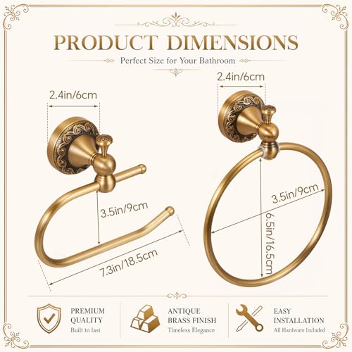 2 Pcs Antique Brass Toilet Paper Holder Towel Ring Set, Vintage Bathroom Hardware, Wall Mounted Toilet Tissue Holder Hand Towel Ring, Rustproof Brass Bathroom Accessories(Style 2) - style: Style 2