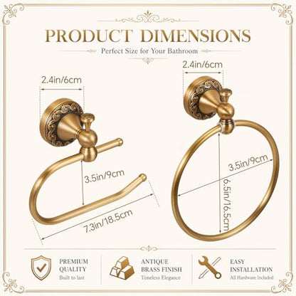 2 Pcs Antique Brass Toilet Paper Holder Towel Ring Set, Vintage Bathroom Hardware, Wall Mounted Toilet Tissue Holder Hand Towel Ring, Rustproof Brass Bathroom Accessories(Style 2) - style: Style 2