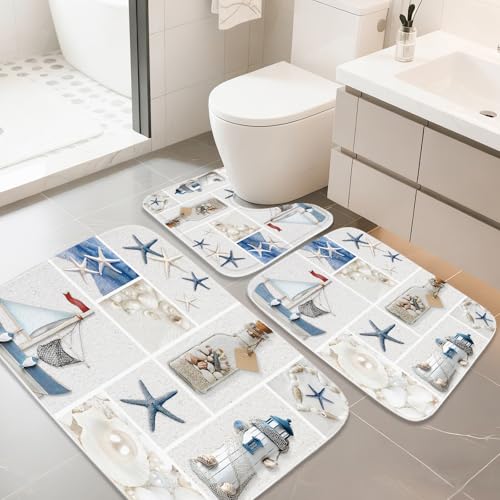 Bathroom Mat Set Beach Ocean Coastal Bathroom Rugs Sets 3 Piece Kids Nautical Seashell, Memory Foam Bath Rugs, U-Shaped Toilet Rug Non Slip Absorbent White and Blue - color: Color13