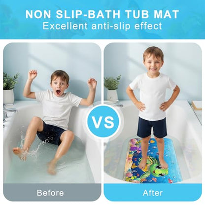 Baby Bath Mat for Tub Non Slip Kids, BPA Free Extra Long Bathtub Mat 40x16 with Drain Holes and 200 Suction Cups, Non Toxic Machine Washable Toddler Bath Mat, No Fading, Baby Turtle - color: V-turtle 3