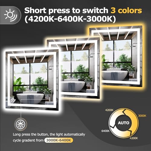 Hivone 36"X36" LED Bathroom Mirror with Lights, Anti-Fog, Dimmable, Backlit + Front Lit, Smart Bathroom Vanity Mirror, Memory Function, Shatterproof, Tempered Glass (Horizontal/Vertical) - size: 36"L x 36"W