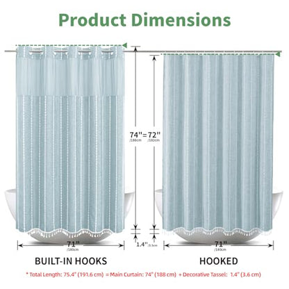 eachope Boho Farmhouse No Hook Shower Curtain Set with Snap-in Fabric Liner,Heavy-Duty Linen Textured Rustic Striped Design,Water-Repellent with Tassels and Sheer Window,Fog Blue,71x74 - color: Fog Blue, size: 71"W x 74"L (Pack of 1)