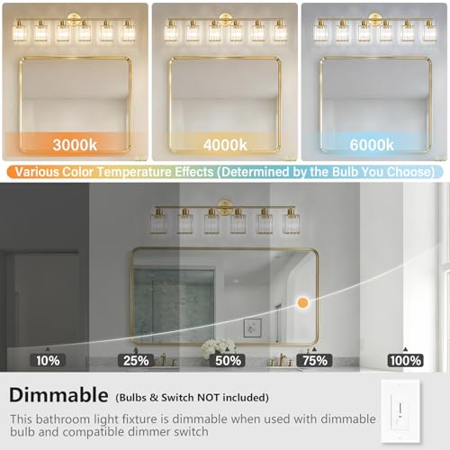 6 Light Bathroom Light Fixtures, Modern Crystal Vanity Lights over Mirror | Metal Frame, Bathroom Light with Square Crystal Shade, ETL Certified, E26 Ceramic Socket, Bulbs Not Included - color: Gold, size: 6-Light