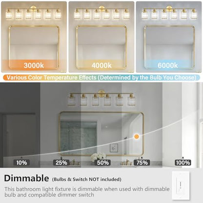 6 Light Bathroom Light Fixtures, Modern Crystal Vanity Lights over Mirror | Metal Frame, Bathroom Light with Square Crystal Shade, ETL Certified, E26 Ceramic Socket, Bulbs Not Included - color: Gold, size: 6-Light