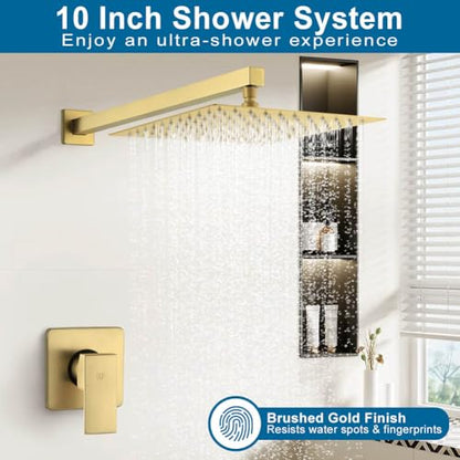 Shower Faucet Set Brushed Gold Bathroom Rainfall 10 Inch Shower Head System Single Handle Shower Trim Kit with Valve - color: Brushed Gold, size: 10 Inch (Wall Mount)