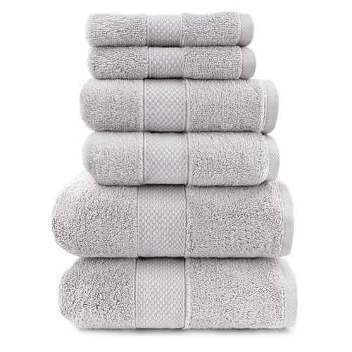 Maisonette Loft Egyptian Cotton Turkish Bathroom Towels Set, Soft & Absorbent, Ideal Quick Dry Luxury Hand & Large Bath Towels, Washcloths (6 Pack), Silver - color: Silver, style: Bath Towel Set - 6 Piece