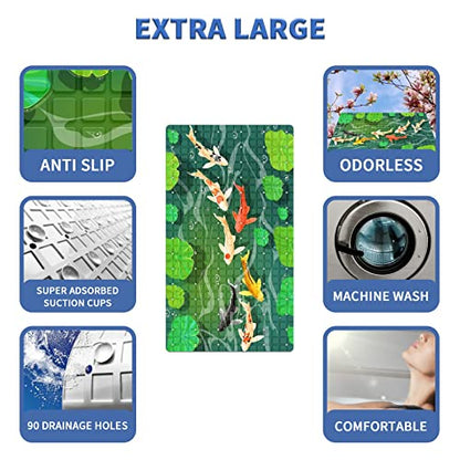 FCZ Bath Tub Mat Non Slip Shower Mat Japanese Carps Koi Fish Swim Lotus Pond 26.8x15 inches Rectangular PVC Mat with Suction Cups Drain Holes Machine Washable - color: Japanese Carps Koi Fish Swim Lotus Pond