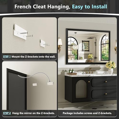 48x32 Inch Black Bathroom Mirror for Wall, Beveled Framed Rectangle Bathroom Vanity Mirrors for Over Sink, Bedroom, Living Room, Entryway, Anti-Rust, HD Tempered Glass, Horizontally/Vertically - size: 48"L x 32"W