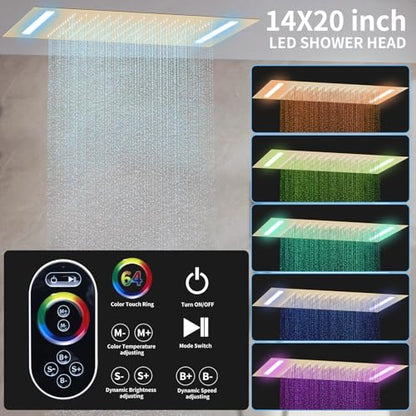 Shower Faucet Set Ceiling 20x14 inch LED Shower Head, Temperature Display Thermostatic Shower Valve, and Two 8-inch Wall Mounted Shower Heads Handheld Combination (Brushed Gold) - color: Brushed Gold