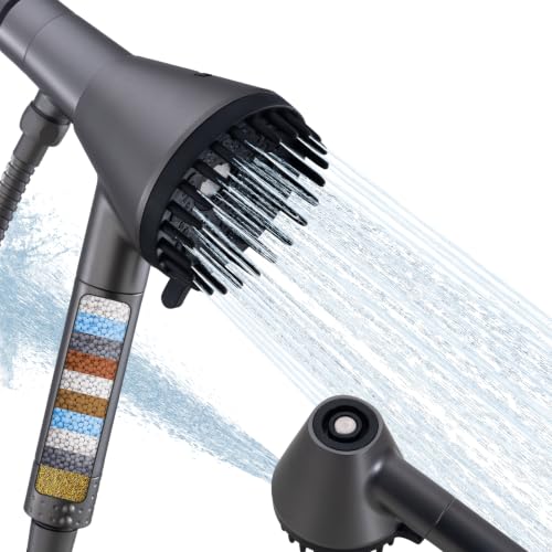 2026 Magnetic Filtered Shower Head with Handheld– High Pressure Showerhead with Power Wash Mode, Chlorine Removal, Massage Brush, Pressure Adjustable, One-Touch Pause (Gray) - color: Gray