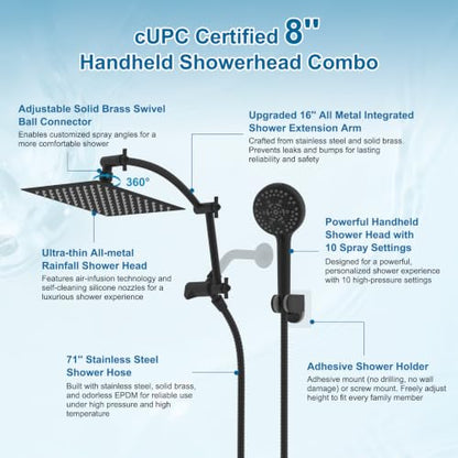 Hibbent Metal 8" High Pressure Rain Shower Head Combo, Oil-Rubbed Bronze | cUPC Certified Rainfall Shower Head with handheld 10 Sprays, 16'' Adjustable Extension Arm, 71'' Hose, Showerhead Holder - color: Oil Rubbed Bronze, style: Square 8''