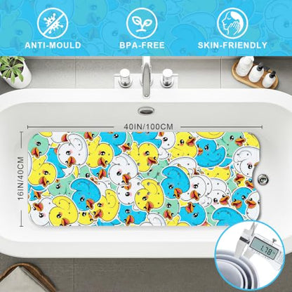 Baby Bath Mat for Tub Non Slip Kids, BPA Free Extra Long Bathtub Mat 40x16 with Drain Holes and 200 Suction Cups, Non Toxic Machine Washable Toddler Bath Mat, No Fading, Sticker Duck - color: Y-duck 1