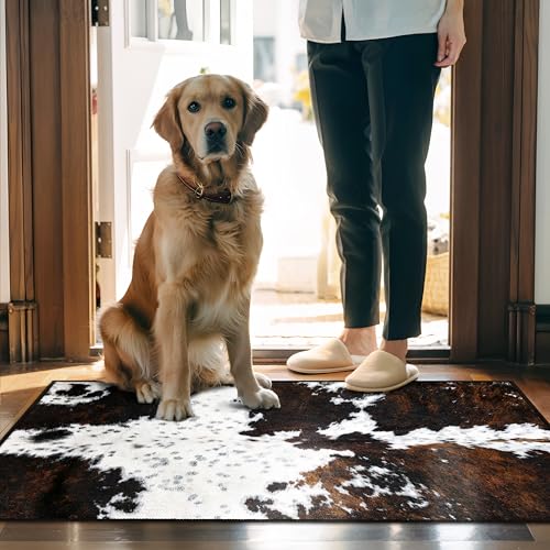 Western Cowhide Print Entryway Rug 2x3 Farmhouse Thin Door Mat Non Slip Washable Fur Area Rug Floor Mat for Entrance Indoor Outdoor - size: 2' x 3' (Rectangular)