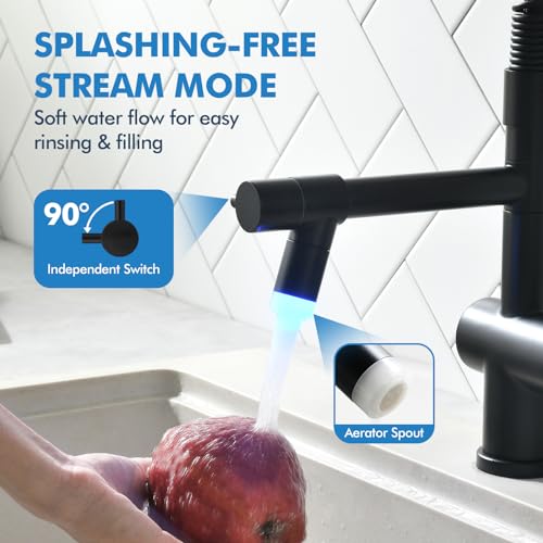 VFAUOSIT Kitchen Faucet with Pull Down Sprayer, Matte Black LED Light | Dual Outlets, Hands-Free Spray Lock, 360° Swivel, 10-Minute Tool-Free Setup, Fingerprint-Resistant Finish, Ceramic Valve - color: Matte Black-04