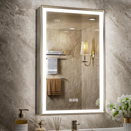 20x32 Lights Medicine Mirror Cabinet, Beveled Brushed Nickel Frame | Lighted Aluminum Bathroom Cabinet, Surface or Recessed Mount, Dimmable 3 Color Temp, Defog, Outlet, Clock, Sensor Inner Light - size: 20x32''(Left Hinge)