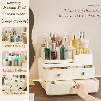 Makeup Organizer with Drawers and 360° Rotating Brush Holder,make up organizers for counter,Large Capacity Cosmetic Storage for Vanity,Skincare,Perfume