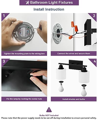 Modern Bathroom Lights - 2-Light Vanity Fixtures with Milky White Glass Shades, Anti-Rust Matte Black Finish, E26 Base - color: Black-2 Light