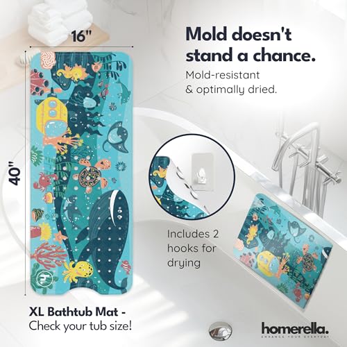 homerella Bathtub Mat Non Slip Kids 40x16 Baby Bath Mat Non Slip Anti Mold | 100% BPA Free, Non Toxic, Mildew Resistant, Machine Washable, Extra Long Kids Bath Mat for Tub Non Slip, Toddler Bath Mat - color: Turquoise Ocean Friends, size: 40" x 16" (Recta
