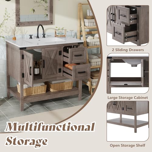 AMERLIFE 36" Gray Farmhouse Bathroom Vanity with Sink and 2 Drawers | Light Gray, Single Solid White Integrated Top, Moisture-Resistant MDF, 2 X-Panel Doors, 2 Drawers, Open Shelf, Towel Holder - color: Light Gray, size: 36”