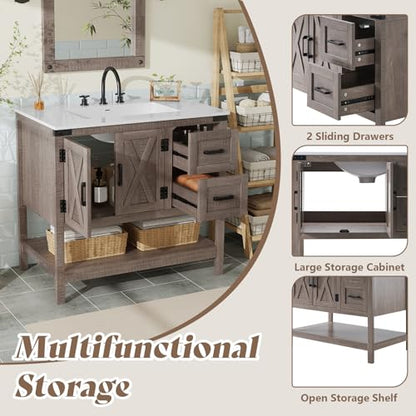 AMERLIFE 36" Gray Farmhouse Bathroom Vanity with Sink and 2 Drawers | Light Gray, Single Solid White Integrated Top, Moisture-Resistant MDF, 2 X-Panel Doors, 2 Drawers, Open Shelf, Towel Holder - color: Light Gray, size: 36”