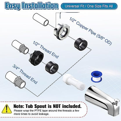 Dreyoo Four in One Tub Spout Adapter, Tub Spout Slip on Adapter | Threaded Bathtub Faucet Adapter Slip Fit for Copper, Compatible with 1/2"Copper Pipe, 1/2"and 3/4"Pipe Thread