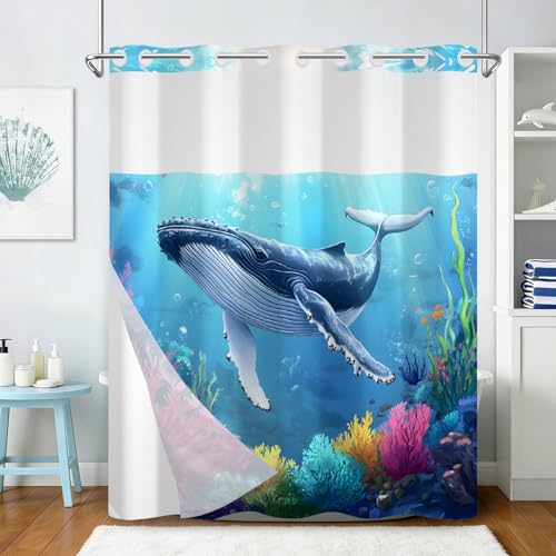 No Hook Shower Curtains for Bathroom, Whale Pattern Double-layer Shower Curtain with See Through Window, 71x74 Inches Ocean Shower Curtain No Hooks with Snap in Liner, Mesh Top Window and Weighted Hem - color: Whale