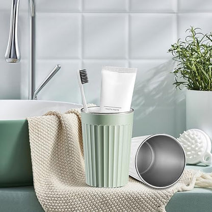 Toothbrush Cup Holder for Bathroom,Reusable Stainless Steel Bathroom Cup | 3"x4.5" Unbreakable Green Bathroom Tumbler Cup ,300ml Easy To Clean Striated Mouthwash Cup - color: Green