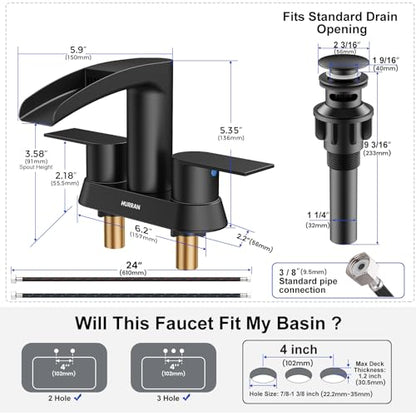 Bathroom Sink Faucet for 3 Hole, Hurran 4 Inch Bathroom Faucets with Pop-up Drain, Stainless Steel 2-Handle Waterfall Faucet for Bathroom Sink, Matte Black - color: Black
