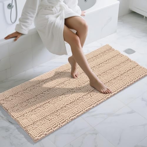 Yimobra Chenille Bathroom Runner Rug 60 x 24, Ideal for Tub-Side and Narrow Bathroom Walkways, Non-Slip Super Absorbent Quick Dry, Ultra Plush Machine Washable Bath Runner, Beige - color: Beige, size: 60" X 24"