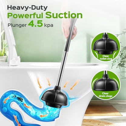 HAMITOR Toilet Plunger and Brush Set: Bathroom Powerful Cleaning Round Bristle Brush - Stainless Steel Heavy Duty Unclogging and Bowl Brush Combo - Compact Home Apartment Restroom Decor Accessories