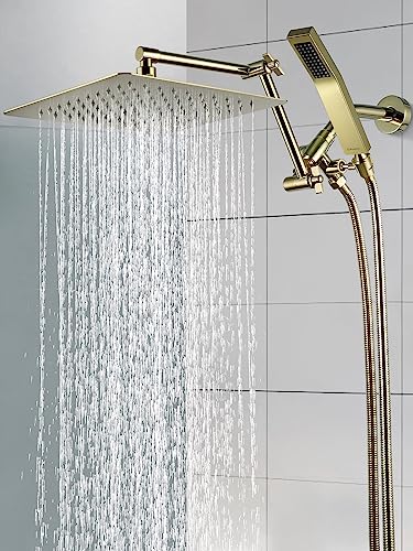 G-Promise All Metal 12 Inches Rainfall Shower Head with Handheld Combo | All Metal, Built to Last, Easy Install, Adjustable Height & Angle for All Heights, Extra Long Hose, Modern Upgrade - color: Polished Brass, size: 12 Inches