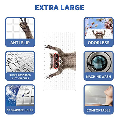 FCZ Bath Tub Mat Non Slip Shower Mat Animal Raccoon Funny 26.8x15 inches Rectangular PVC Mat with Suction Cups Drain Holes Machine Washable - color: Animal Raccoon Funny