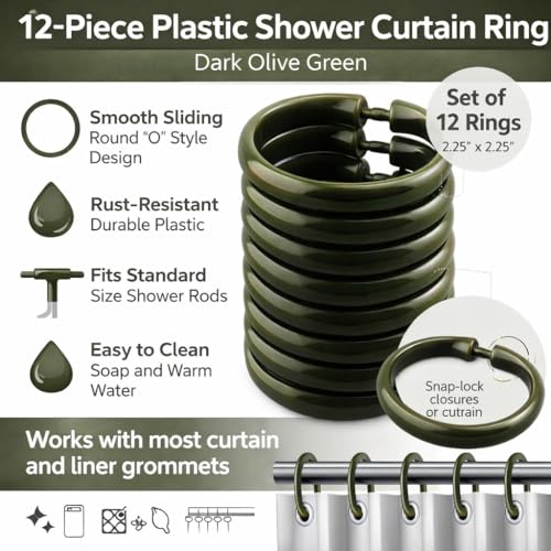 12 Piece Plastic Basic Locking Round Hook Easy Gliding Shower Curtain Rings Fits All Standard Size Shower Rods (Dark Olive Green) - color: Dark Olive Green