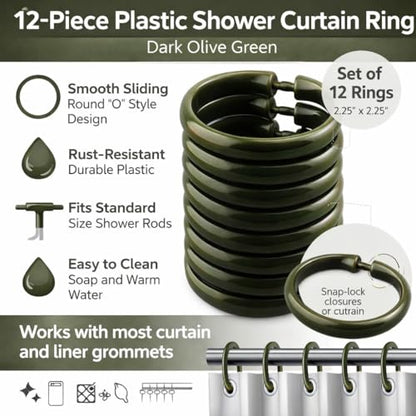 12 Piece Plastic Basic Locking Round Hook Easy Gliding Shower Curtain Rings Fits All Standard Size Shower Rods (Dark Olive Green) - color: Dark Olive Green