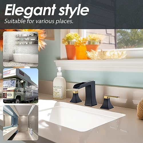 Two-Tone Black and Gold Bathroom Faucet, Sanliv 2-Handle Widespread Bathroom Faucet for 3-Hole Sinks 4-8 Inch, 3-Piece Waterfall Vanity Faucets with Pop-Up Drain, Black and Gold - color: Black and Gold