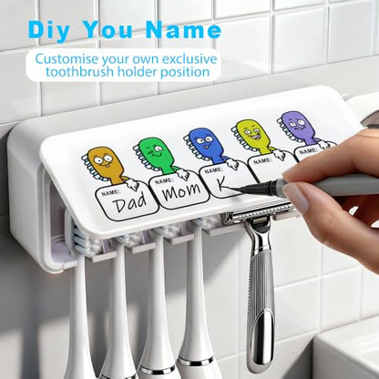 Toothbrush Holders Wall Mounted Name Labels No Drill for Family & Bathrooms | 5 name slots wall mount toothbrush holders, strong adhesive, fits electric/manual, 30-day bat, stops when open, HD display