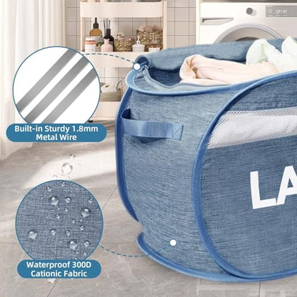 Collapsible Laundry Basket 2 pack, Foldable Pop Up Blue Laundry Baskets Mesh with Lid & Handle, Pop Up Collapsible Laundrys Hamper, Fabric Laundrys Baskets for Dorm, Travel, Bathroom - color: Blue