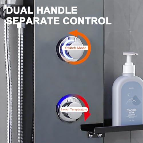 LED Black Shower Panels Tower System with Storage Shelf, LCD Temperature Display 304 Stainless Steel with Rainfall Shower Head with Handheld Massage Body Jets Bathroom Matte Waterfall Bathtub - color: Matte Black
