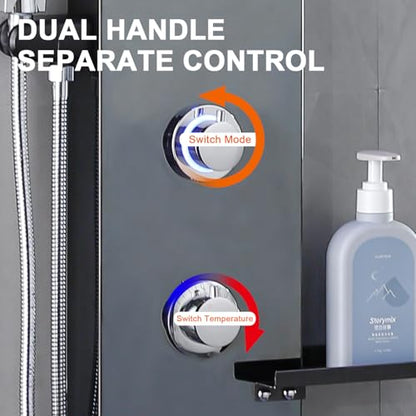 LED Black Shower Panels Tower System with Storage Shelf, LCD Temperature Display 304 Stainless Steel with Rainfall Shower Head with Handheld Massage Body Jets Bathroom Matte Waterfall Bathtub - color: Matte Black