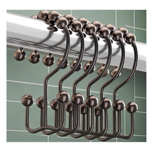 Shower Curtain Hooks Rings, Rust Resistant Metal Double Glide Shower Hooks Rings for Bathroom Shower Rods Curtains, Set of 12 Hooks - Bronze - color: Bronze