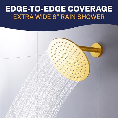 HammerHead Showers Solid Metal Round 8 Inch Rainfall Shower Head, High Flow Shower Head Optimized for Pressure, Brushed Gold, 2.5 GPM - color: Brushed Gold, size: 2.5 GPM