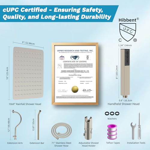 Hibbent 10'' Rainfall Showerhead with 4-mode Handheld Spray, Brushed Nickel | cUPC Certified High Pressure Showerhead Combo, 12'' Adjustable Extension Arm, Extension Bar, Easy Reach Holder, 71'' Hose - color: Brushed Nickel, style: Square 10''
