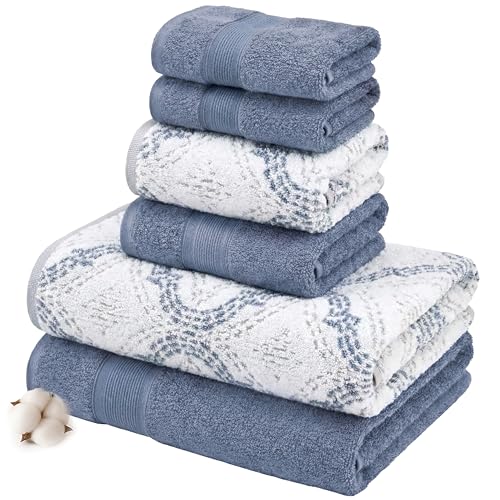Modern Threads Capri 6-Piece Reversible Yarn Dyed Jacquard Towel Set - Bath Towels, Hand Towels, & Washcloths - Super Absorbent & Quick Dry - 100% Combed Cotton, Denim - color: Denim, size: Small, style: Soft Geometric